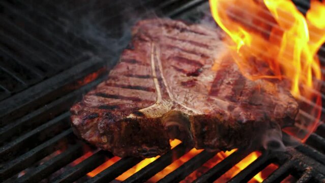 Barbecue wagyu porterhouse beef steak grilled as close-up on a charcoal grill with fire and smoke – video and audio 
