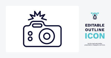camera with flash icon. Thin line camera with flash icon from tools and utensils collection. Outline vector. Editable camera with flash symbol can be used web and mobile