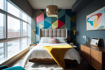 Bedroom with bed and big windows. Geometric patterns create stunning accent walls with familiar and simple shapes. Interior decorating with geometric patterns and triangles