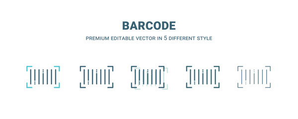 barcode icon in 5 different style. Outline, filled, two color, thin barcode icon isolated on white background. Editable vector can be used web and mobile