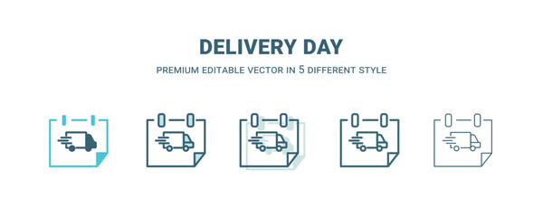 delivery day icon in 5 different style. Outline, filled, two color, thin delivery day icon isolated on white background. Editable vector can be used web and mobile
