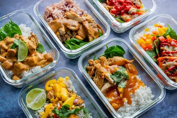 Closeup of meat dishes with a sauce and vegetables on glass plates