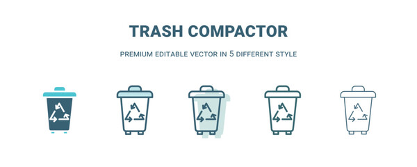 trash compactor icon in 5 different style. Outline, filled, two color, thin trash compactor icon isolated on white background. Editable vector can be used web and mobile