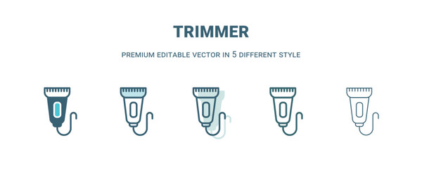 trimmer icon in 5 different style. Outline, filled, two color, thin trimmer icon isolated on white background. Editable vector can be used web and mobile