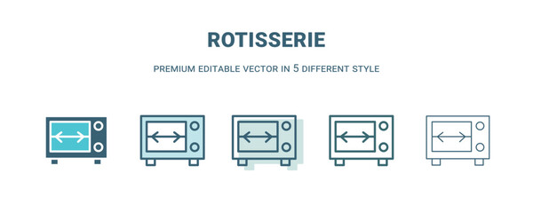 rotisserie icon in 5 different style. Outline, filled, two color, thin rotisserie icon isolated on white background. Editable vector can be used web and mobile