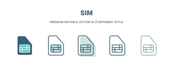 sim icon in 5 different style. Outline, filled, two color, thin sim icon isolated on white background. Editable vector can be used web and mobile