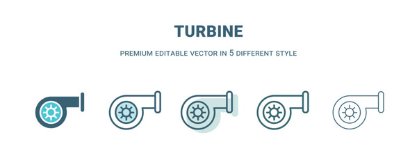 turbine icon in 5 different style. Outline, filled, two color, thin turbine icon isolated on white background. Editable vector can be used web and mobile © Abstract