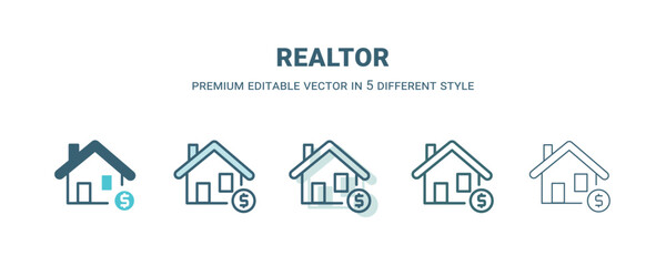 realtor icon in 5 different style. Outline, filled, two color, thin realtor icon isolated on white background. Editable vector can be used web and mobile