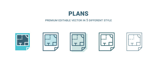 plans icon in 5 different style. Outline, filled, two color, thin plans icon isolated on white background. Editable vector can be used web and mobile
