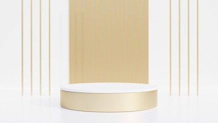 Gold and white podium, white background, golden pattern for business product presentation Exhibition of fashion, perfume, cosmetics, 3D display stand advertising