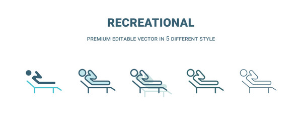 recreational icon in 5 different style. Outline, filled, two color, thin recreational icon isolated on white background. Editable vector can be used web and mobile