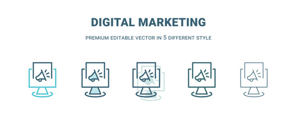 digital marketing icon in 5 different style. Outline, filled, two color, thin digital marketing icon isolated on white background. Editable vector can be used web and mobile