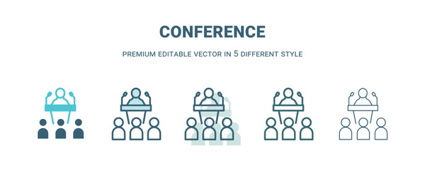 conference icon in 5 different style. Outline, filled, two color, thin conference icon isolated on white background. Editable vector can be used web and mobile
