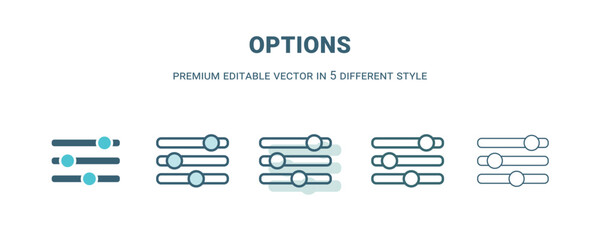 options icon in 5 different style. Outline, filled, two color, thin options icon isolated on white background. Editable vector can be used web and mobile