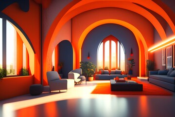loft with arches, led lighting and bright orange elements - generative ai
