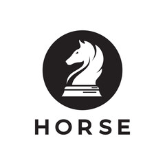 Chess strategy game logo with horse, king, pawn, minister and rook. Logo for chess tournament, chess team, chess championship, chess game application.