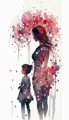 Fototapeta premium Watercolor Illustration of Mother and Child Surrounded by Hearts - Mother's Day Concept