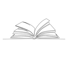 Continuous line art drawing of book. Opened book single line art drawing vector illustration. Editable stroke.
