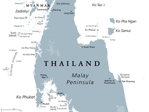 From Ko Samui to Phuket, Thailand, gray political map. Travel destinations west and east of the Malay Peninsula, off the coast of Thailand, with most important islands and cities. Illustration. Vector
