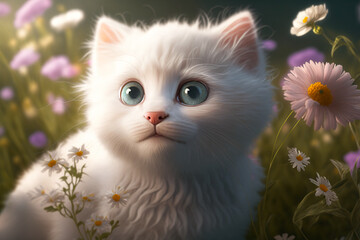 Naklejka na ściany i meble Adorable white kitten in flower garden. Generative AI
