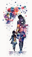 Fototapeta na wymiar Watercolor Illustration of Mother and Child Surrounded by Hearts - Mother's Day Concept