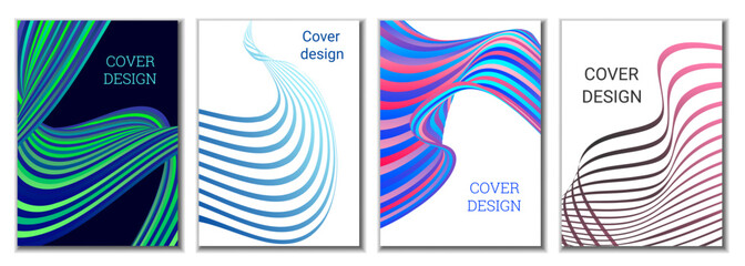 A set of 4 abstract covers. Wavy parallel gradient lines, ribbons evolve. Cover design, background. Trendy banner, poster.