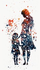 Obraz premium Watercolor Illustration of Mother and Child Surrounded by Hearts - Mother's Day Concept