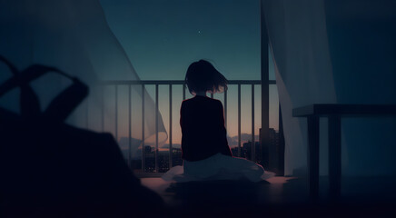 Fototapeta premium silhouette of a anime girl in a window, silhouette of a person, silhouette of a beautiful girl in a room, silhouette of a woman in a room, silhouette of a person in a doorway, wallpaper
