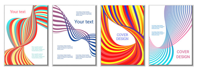 A set of 4 abstract covers. Wavy parallel gradient lines, ribbons evolve. Cover design, background. Trendy banner, poster.
