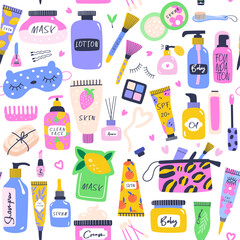 Pattern with  design elements on self care. Vector illustrations
