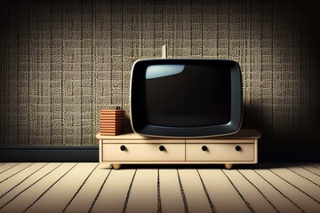 Old black TV against the background of wallpaper and carpet 1980-1990 - generative ai
