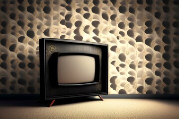 Old black TV against the background of wallpaper and carpet 1980-1990 - generative ai
