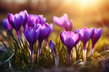 Spring crocus blossoms. Spring wildflowers. Beautiful purple blooming flowers in the sunlight - Generative AI