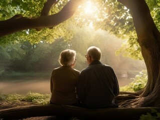 älteres liebes Pärchen sitzt im wald und genießt die natur