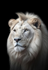 closeup portrait of a majestic white male lion against a black background, African safari / wildlife, generative AI