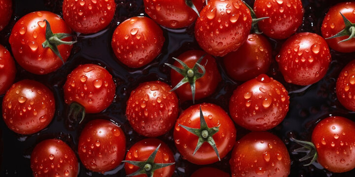 Red cherry tomatoes on a counter in the supermarket. Banner created with ai generative tools