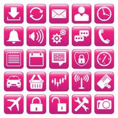 Vectors of 25 simple flat icons in pink.