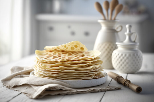 Traditional Norwegian lefse pancakes on white table. Generative AI