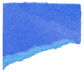 Single piece of isolated ripped blank blue paper, top view from above on white or transparent background
