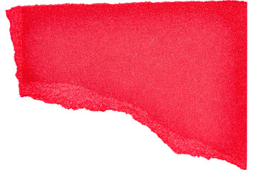 Single piece of isolated ripped blank red paper, top view from above on white or transparent...