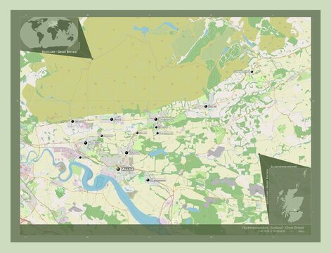 Clackmannanshire, Scotland - Great Britain. OSM. Labelled points of cities