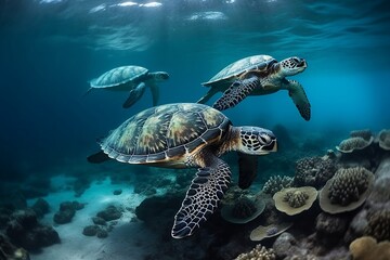 Obraz premium group of turtles swimming close to a beautiful coral, marine life background, Generative AI