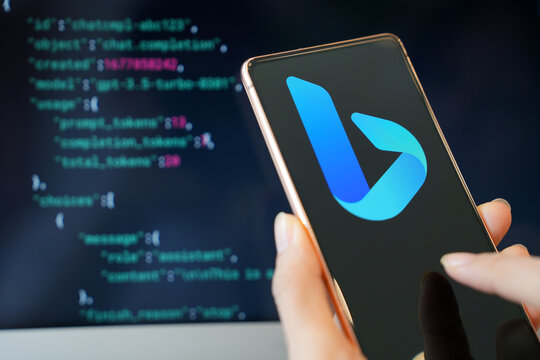 PENANG, MALAYSIA - 13 APR 2023: Microsoft Bing logo on screen smartphone, new AI-powered copilot for the web. Microsoft Bing is a search engine developed by the international corporation Microsoft.