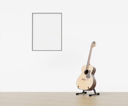 Classical guitar isolated on white background with picture frame