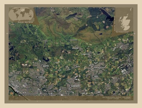 East Dunbartonshire, Scotland - Great Britain. High-res satellite. Labelled points of cities