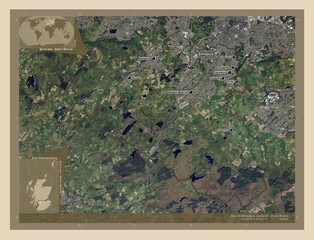 East Renfrewshire, Scotland - Great Britain. High-res satellite. Labelled points of cities