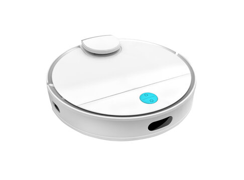 Modern autonomous smart robot vacuum cleaner. Self-propelled cleaning robot. Floor cleaning system. White robot vacuum cleaner isolated on white background.