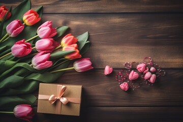 flowers and gift boxes on wooden background