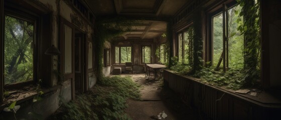 Abandoned building that has been reclaimed by nature, overgrown with plants, vines, and trees. Generative AI