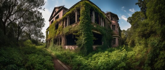 Obraz premium Abandoned building that has been reclaimed by nature, overgrown with plants, vines, and trees. Generative AI